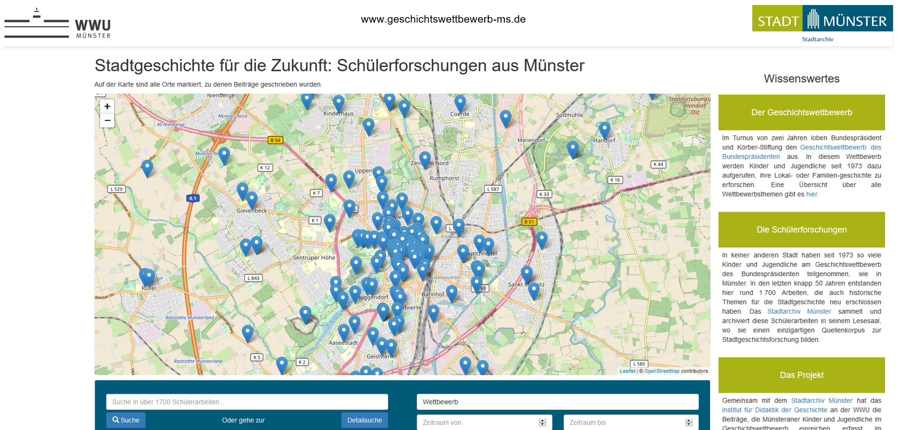  Auf einer interaktive Karte stellt das neue Online-Angebot die von Schülerinnen und Schülern erforschten Orte in Münster dar